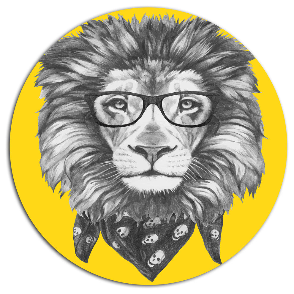 Lion With Glasses And Scarf, Animal Large Disc Metal Wall Art, 11"