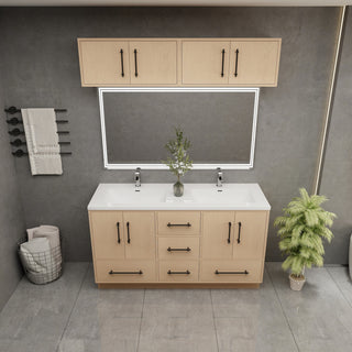 Victoria 60" Solid Wood Vanity Double Sink, Overhead Cabinet, Yellow Oak