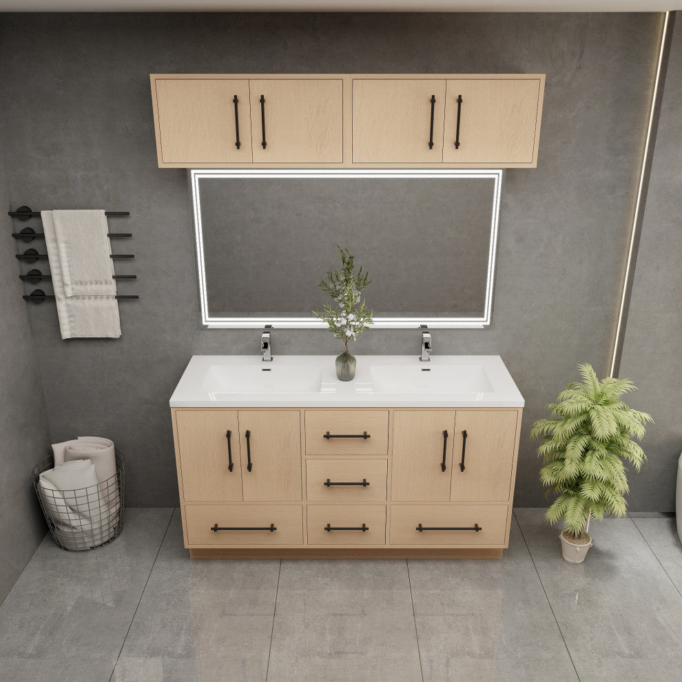 Victoria 60" Solid Wood Vanity Double Sink, Overhead Cabinet, Yellow Oak