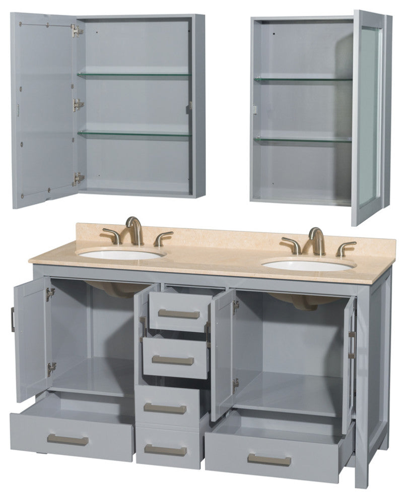 Wyndham WCS141460DGYIVUNOMED 60 inch Vanity in Gray with Ivory Marble and Round