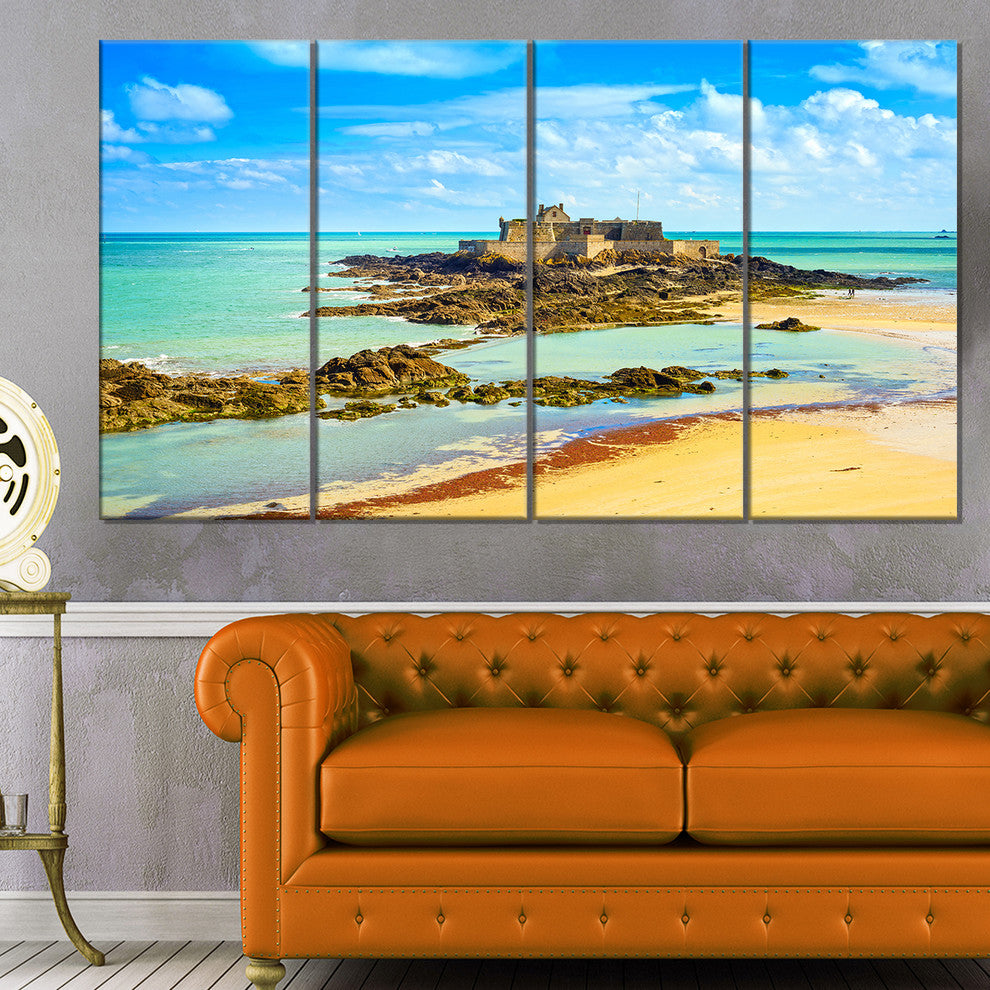Saint Malo Fort National Beach, Seascape Canvas Art Print, 48"x28", 4 Panels