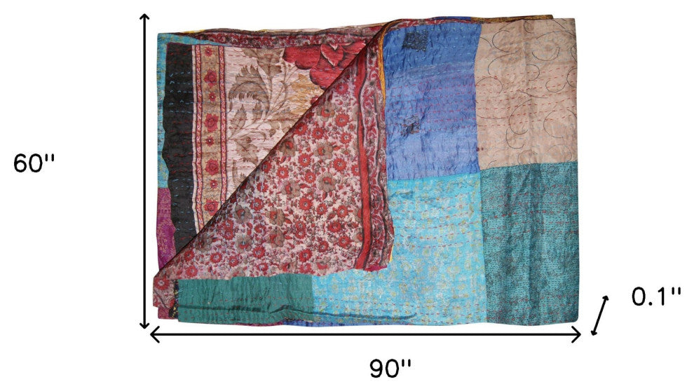 60" X 90" Blue Brown and Green Kantha Cotton Patchwork Throw with Embroidery