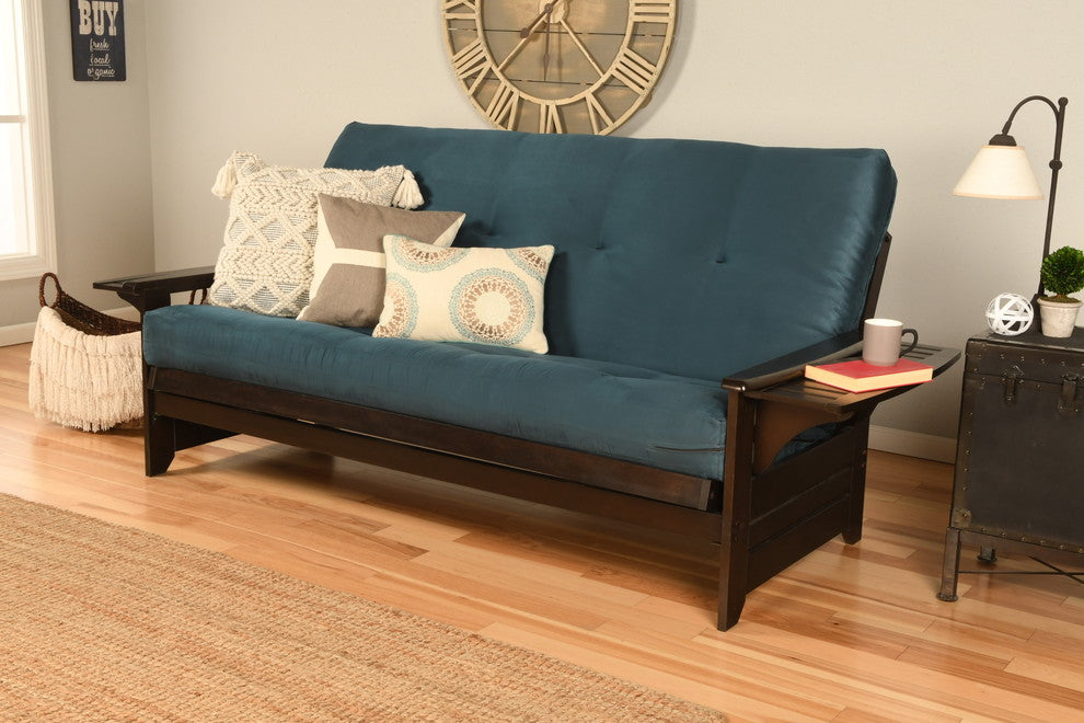 Mesa Frame Futon With Espresso Finish, Suede Blue