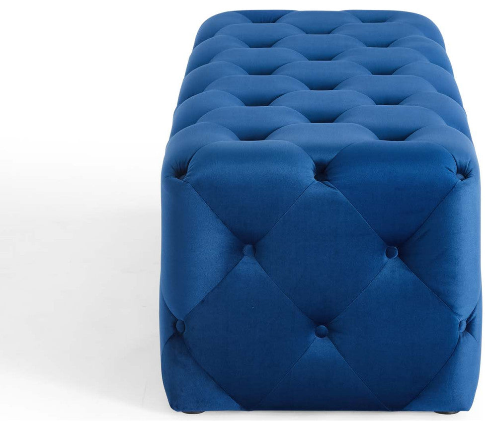 Tufted Accent Chair Bench, Velvet, Blue Navy, Modern, Living Lounge Hospitality