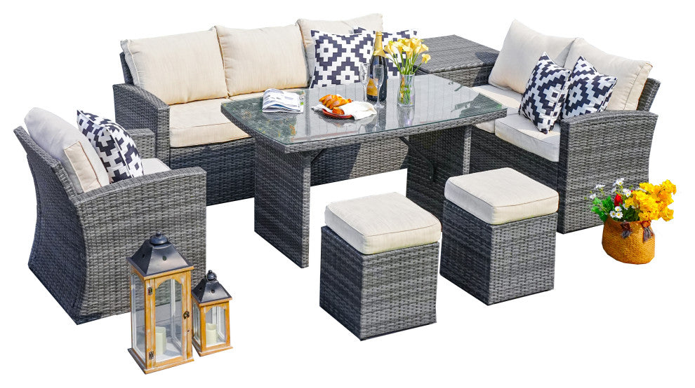 7-Piece Wicker Patio Sectional Dining Sofa Set with Storage Box, Gray