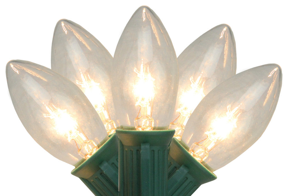 Set of 25 Clear C9 Christmas Lights, 12" Spacing, Green Wire