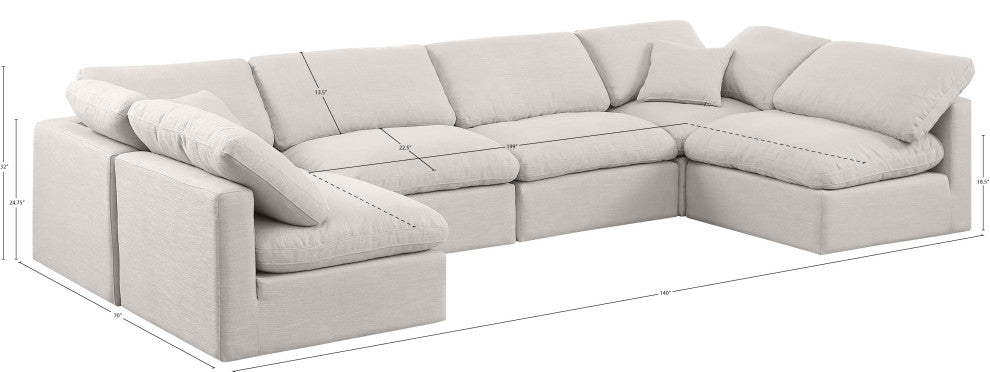 Indulge Upholstered Modular U-Shaped Sectional, Cream, 6-Piece: 4 Armless Chair, 2 Corner Chair, Down Stuffed Linen Textured Fabric