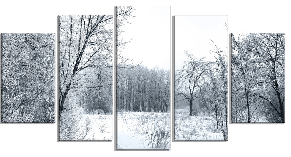 Beautiful Winter Panorama, Landscape Canvas Art Print, 60"x32", 5 Panels