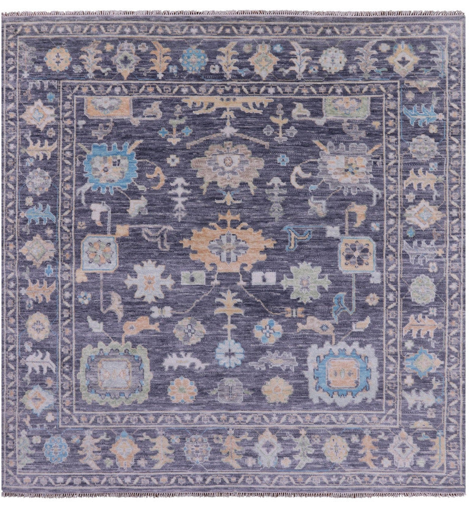 8' Square Hand-Knotted Turkish Oushak Wool Rug - Q13374
