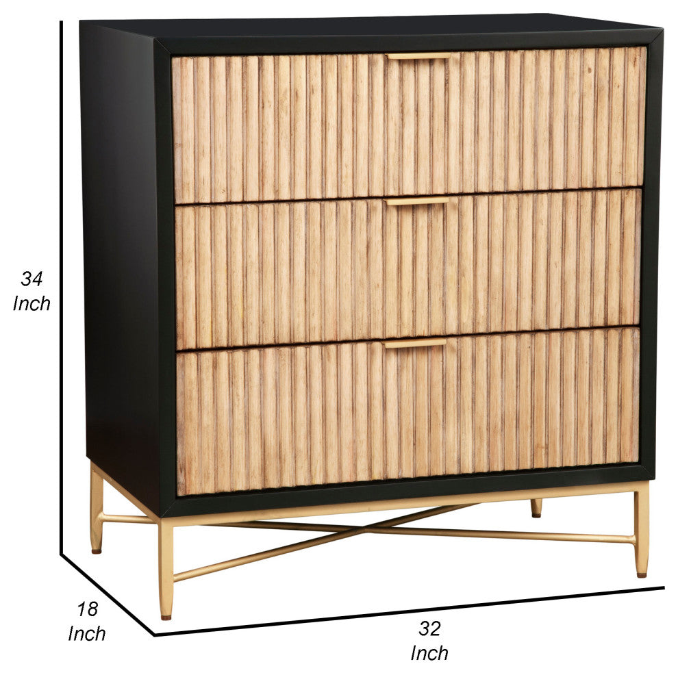 Benzara BM269165 Accent Chest With 3 Corrugated Drawers and Metal Base, Black