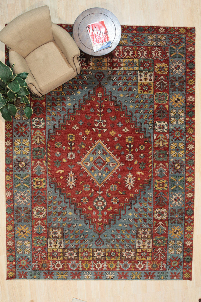 EORC Red Hand Knotted Wool Knot Rug, 6'x9'