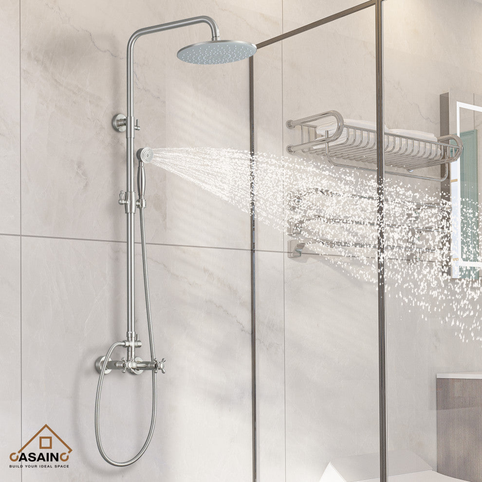 10inch Wall Mount Exposed Pipe Rainfall Shower System with Hand Shower, Brushed Nickel