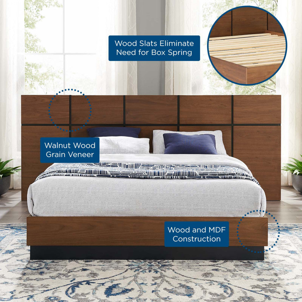 Platform Bed Frame, Queen Size, Wood, Brown Walnut, Modern Farmhouse, Bedroom