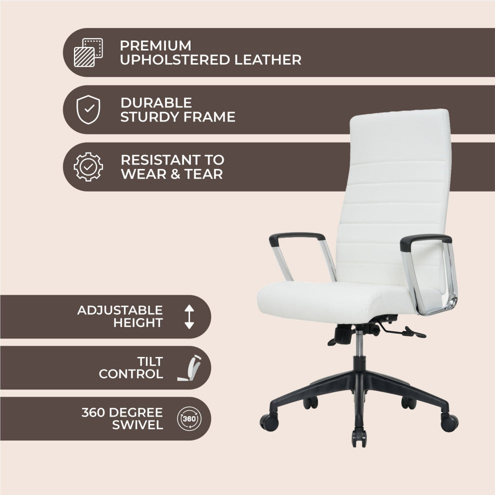 LeisureMod Hilton Modern High Back Leather Conference Office Chair, White
