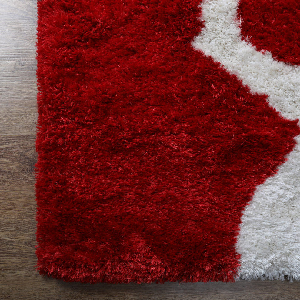 Hand Tufted Shag Polyester Area Rug Contemporary Red White, [Square] 8'x8'