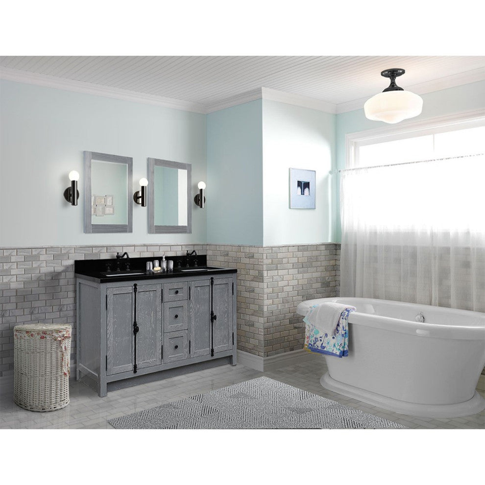 55" Double Vanity, Gray Ash Finish With Black Galaxy Granite Top