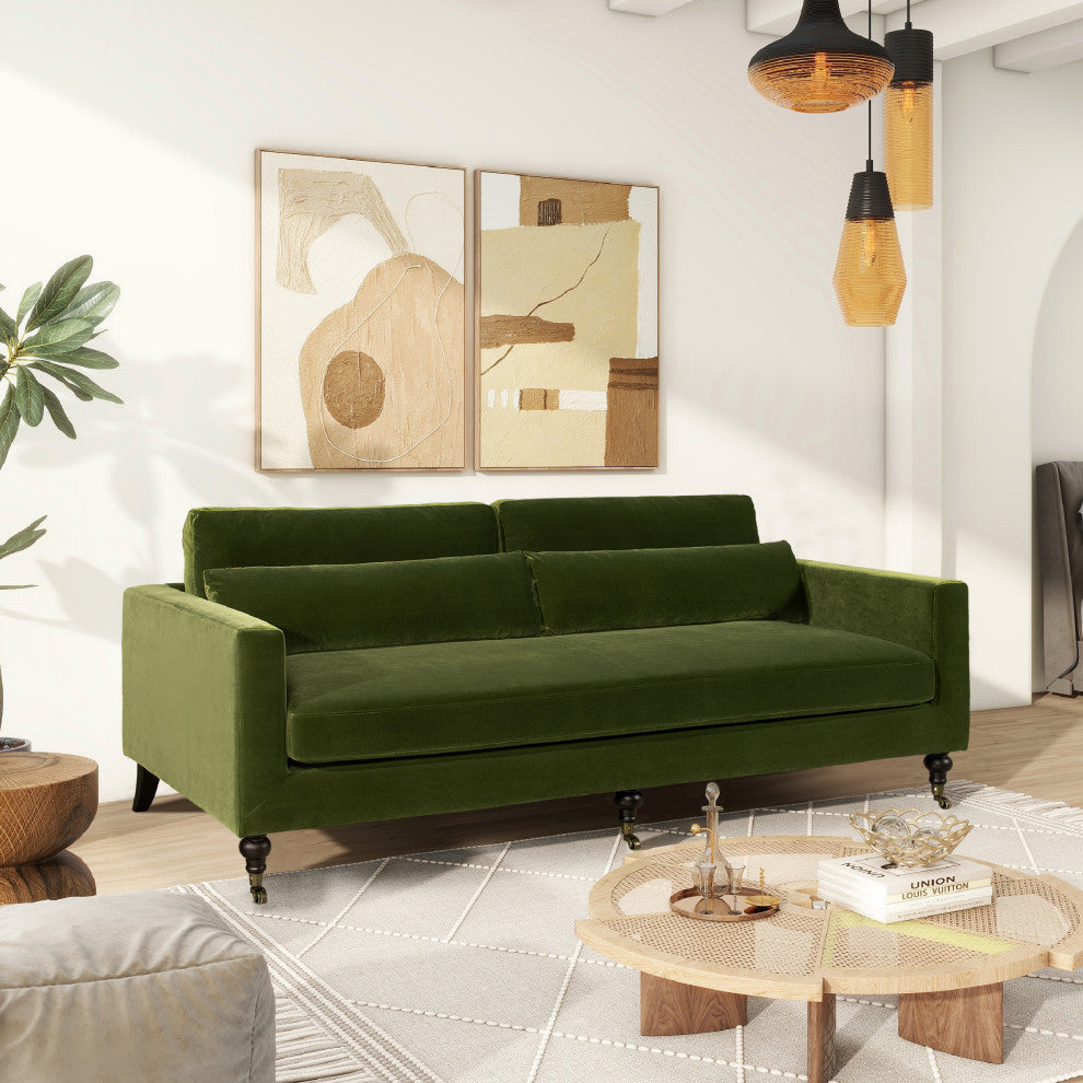 Elliot 84" Velvet Track Arm With Lumbar Pillows, Olive Green