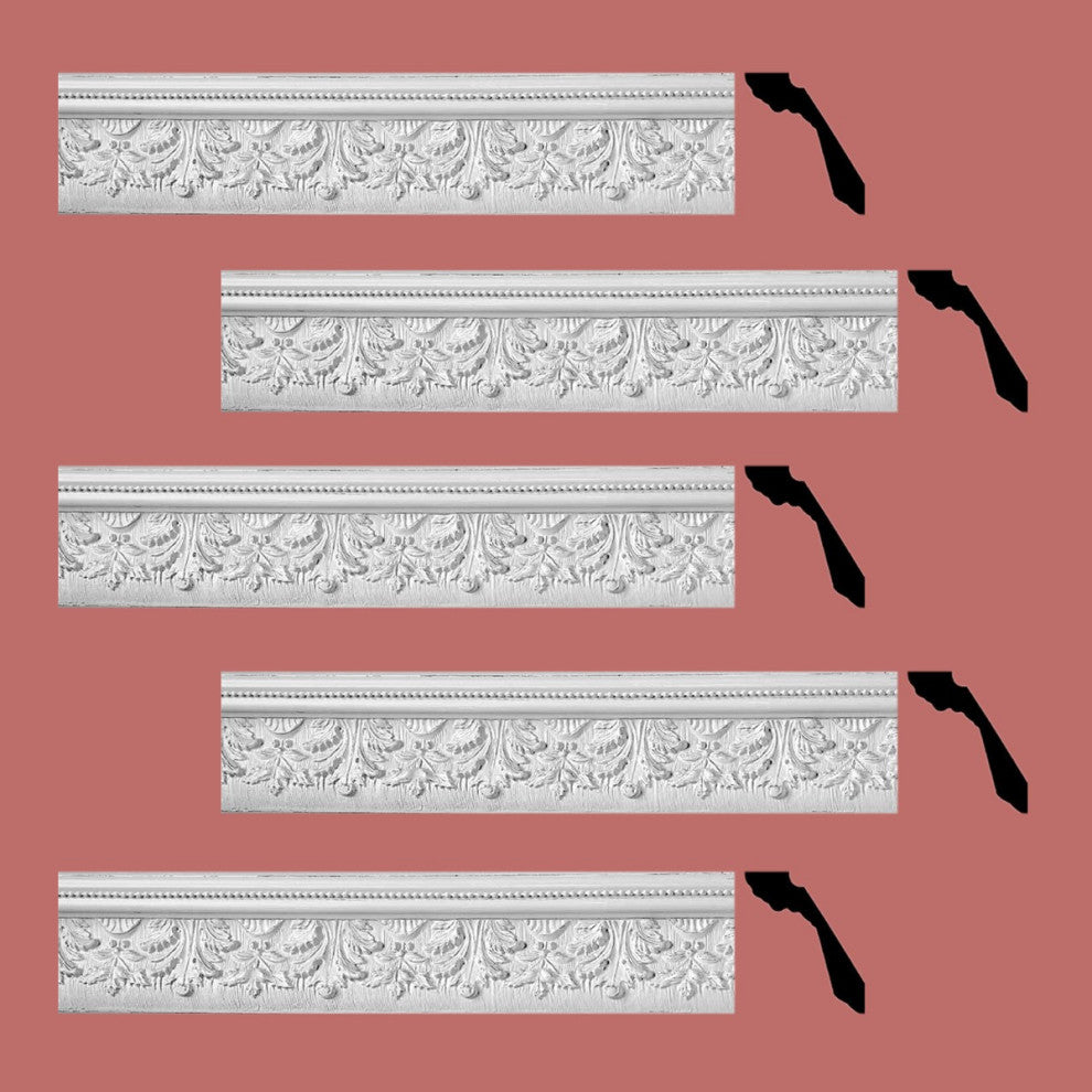 Cornice White Urethane Leaf Ornate Design 5 Pieces Totaling 370" Length