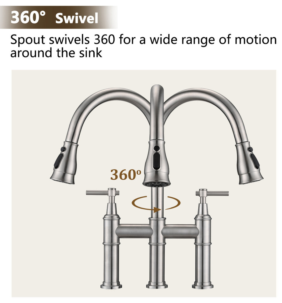 Double Handle High Arc Bridge Kitchen Faucet with Pull-Down Spray Head