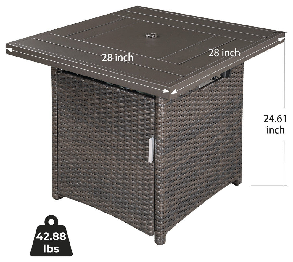 28" Brown Faux Rattan Design Square Propane Fire Pit With Glass Bead Rocks