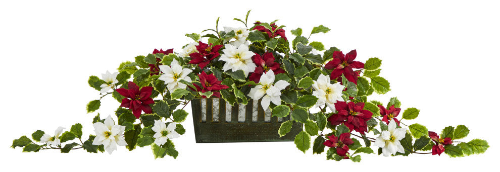 39" Poinsettia and Variegated Holly Faux Plant, Decorative Planter, Real Touch