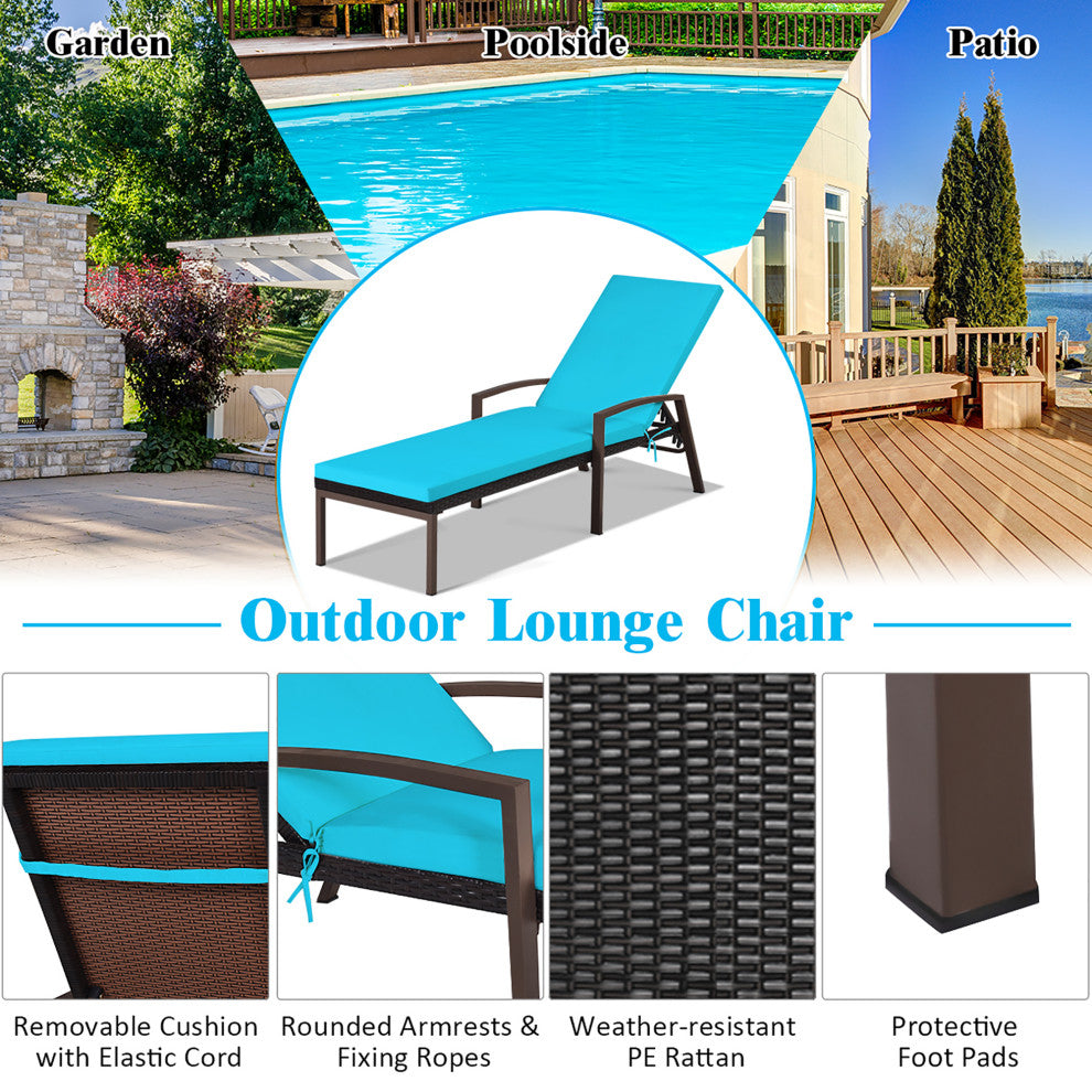 Costway Patio Rattan Lounge Chair Chaise Recliner Adjustable Cushion Turquoise
