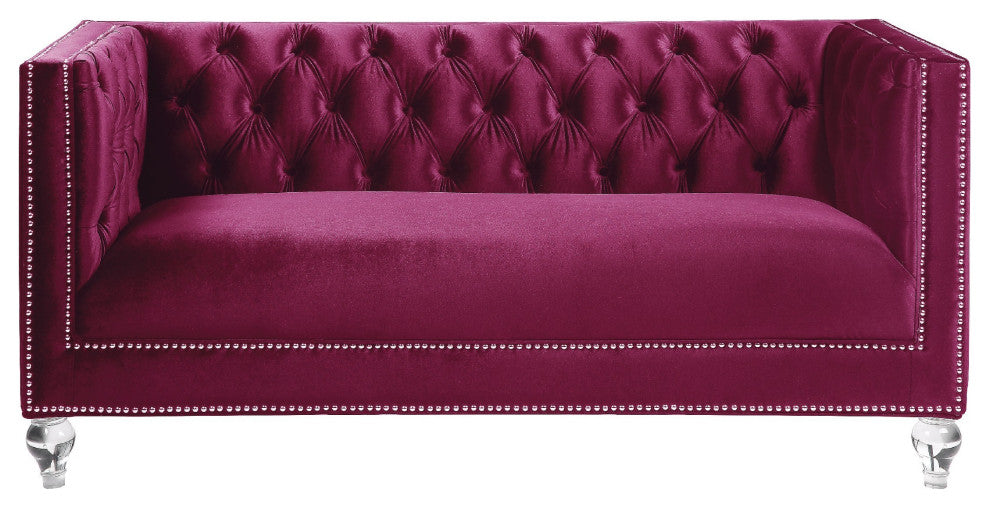 Benzara BM275707 Modern Loveseat, Chesterfield, Acrylic Feet, Burgundy Velvet