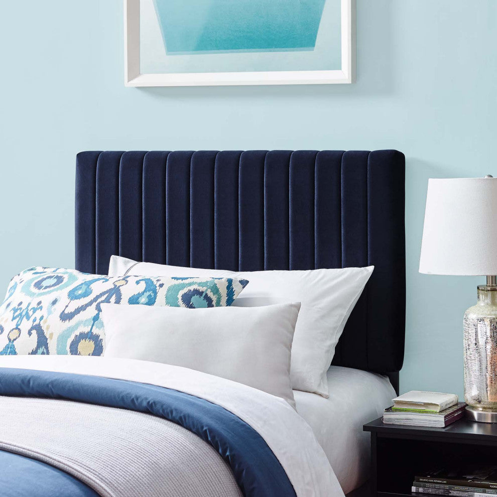 Contemporary Modern Bedroom Twin Size Headbaord, Velvet Fabric, Navy Blue