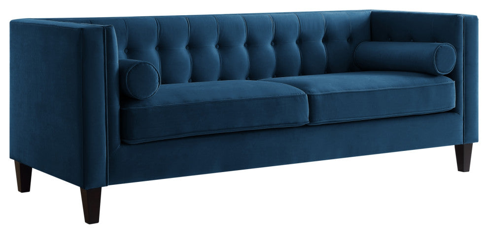 Branwen Velvet Button Tufted Sofa, Square Arms Tapered Leg, Navy