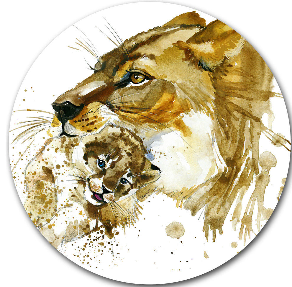 Lioness And Cub Illustration, Animal Round Metal Wall Art, 11"