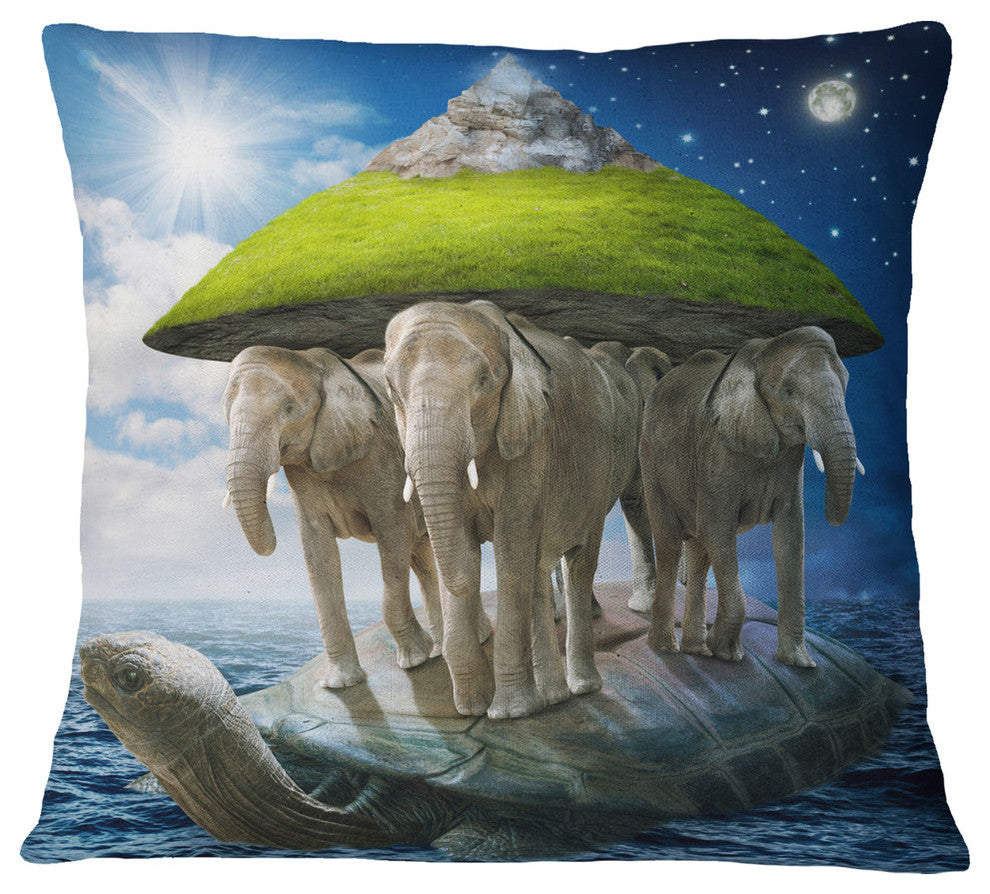 Giant Turtle Carrying Elephants Abstract Throw Pillow, 18"x18"