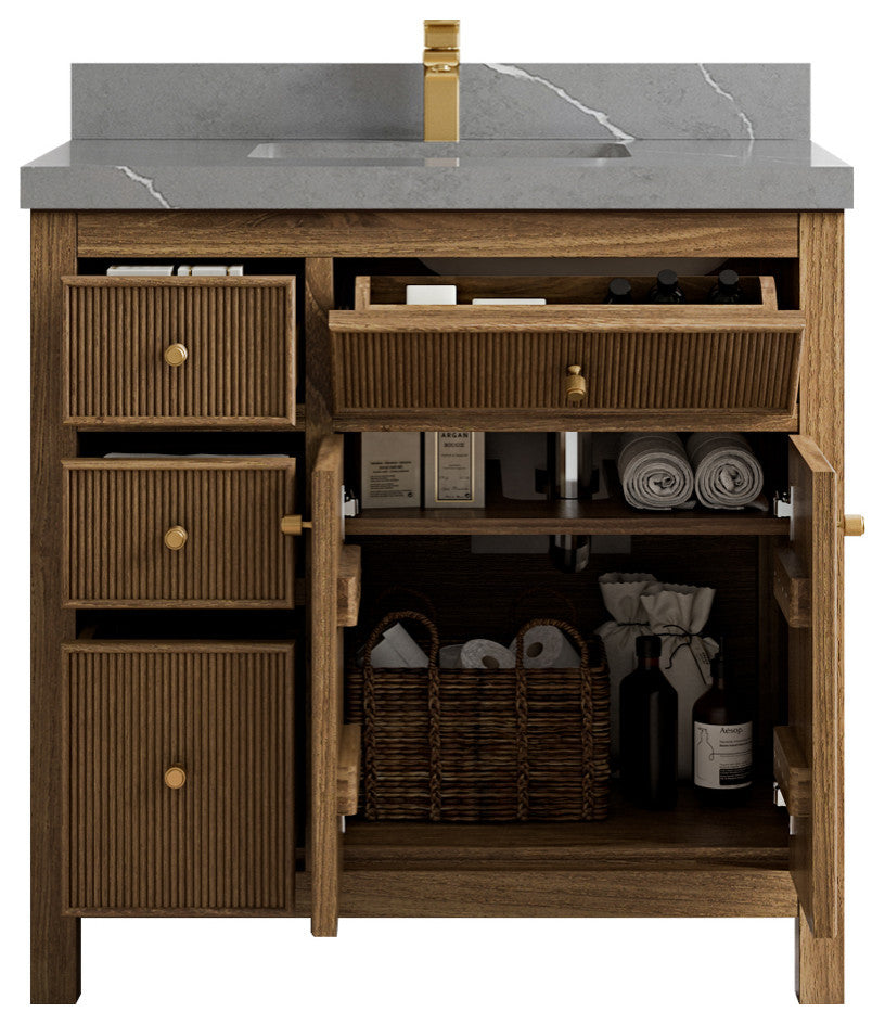 Sonoma Teak 36 Center Sink Vanity in Dark Natural with 2" Piatra Gray Quartz