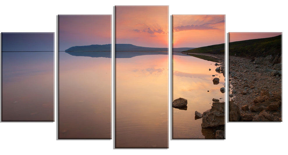 Beautiful Sunrise over Tranquil Sea, Seashore Canvas Print, 60"x32", 5 Panels