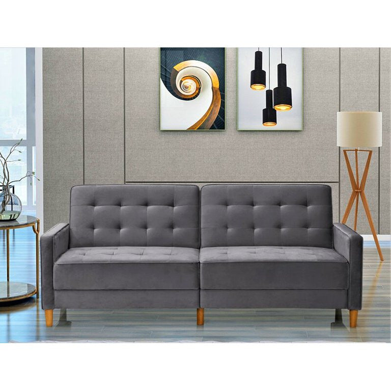 Retro Modern Sleeper Sofa, Soft Velvet Upholstery With Biscuit Tufting, Grey