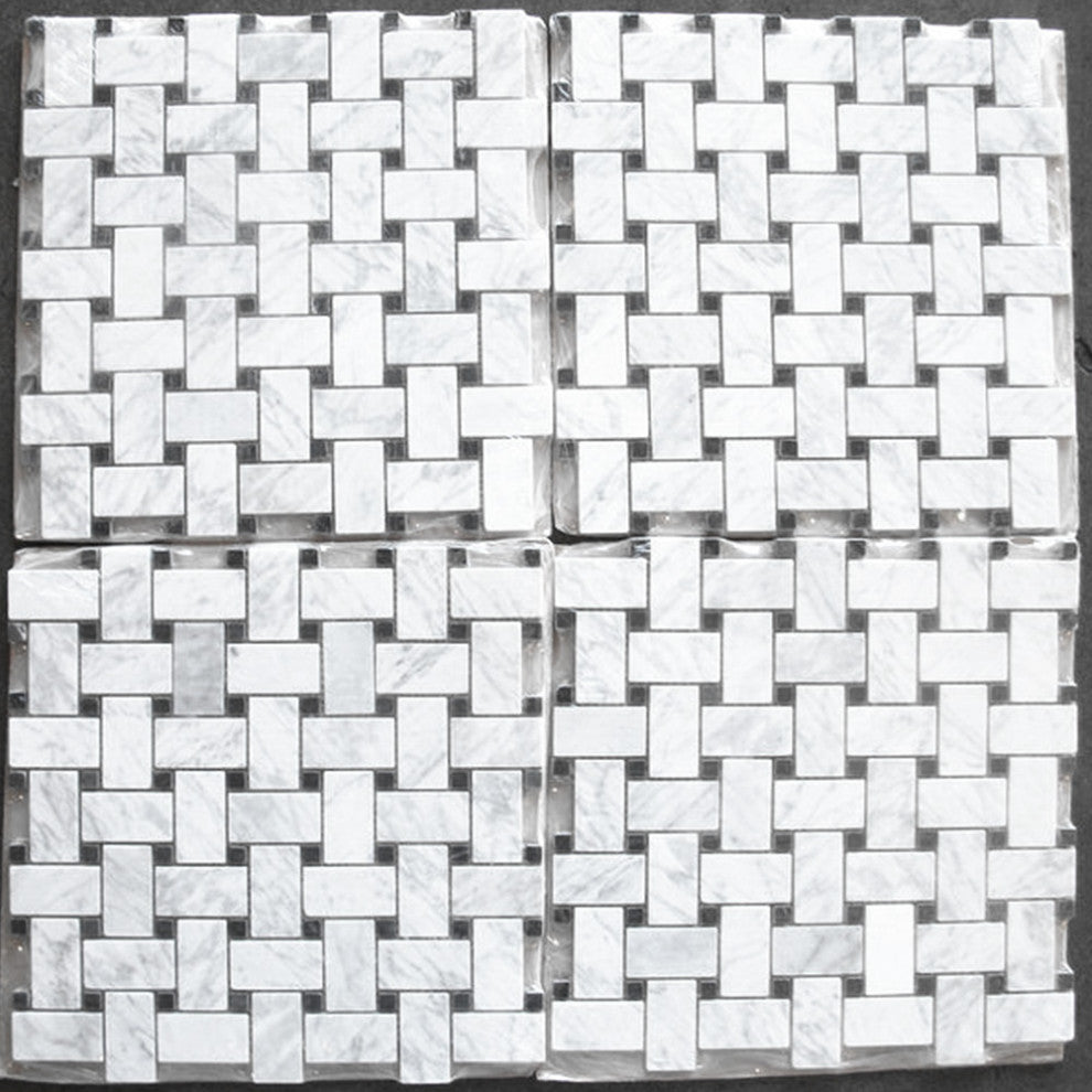 Carrara Marble Basketweave Mosaic Tile Carrera Black Dots Polished 1x2, 1 sheet