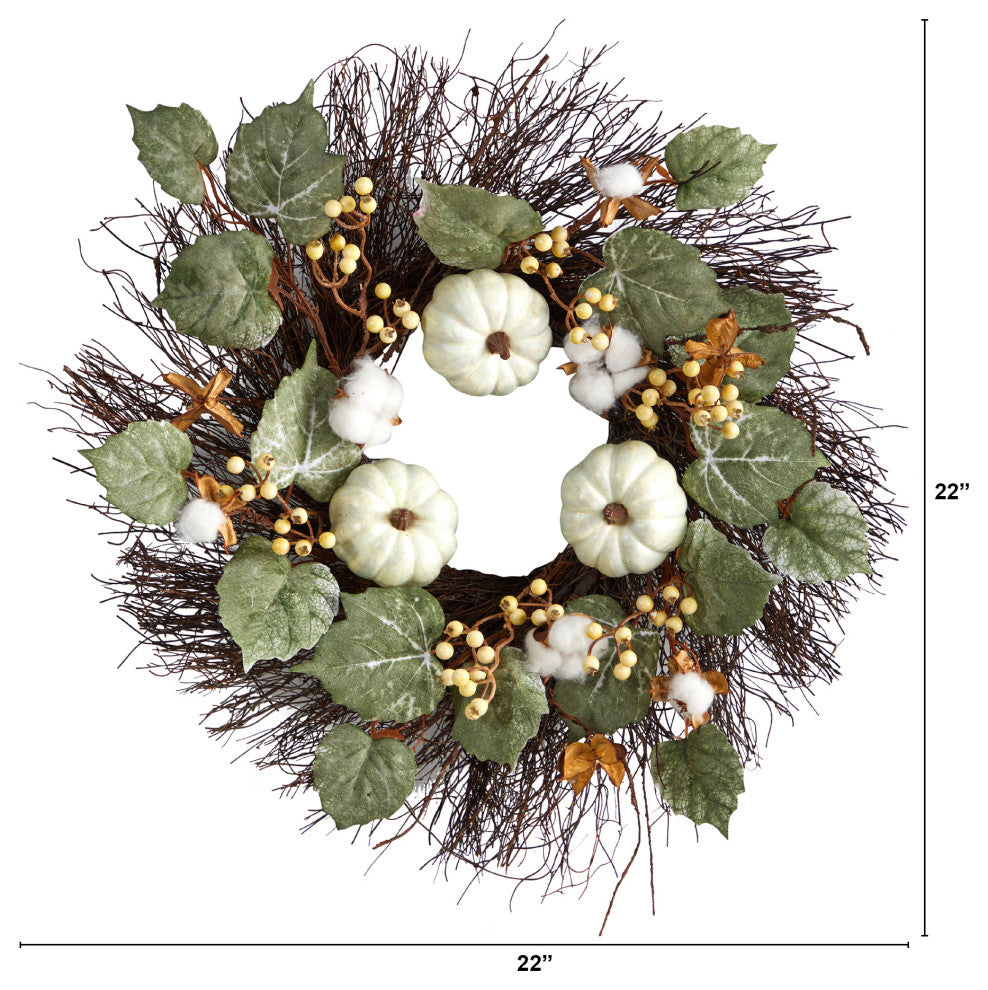22" Autumn Green Pumpkin, Cotton and Berries Artificial Fall Wreath