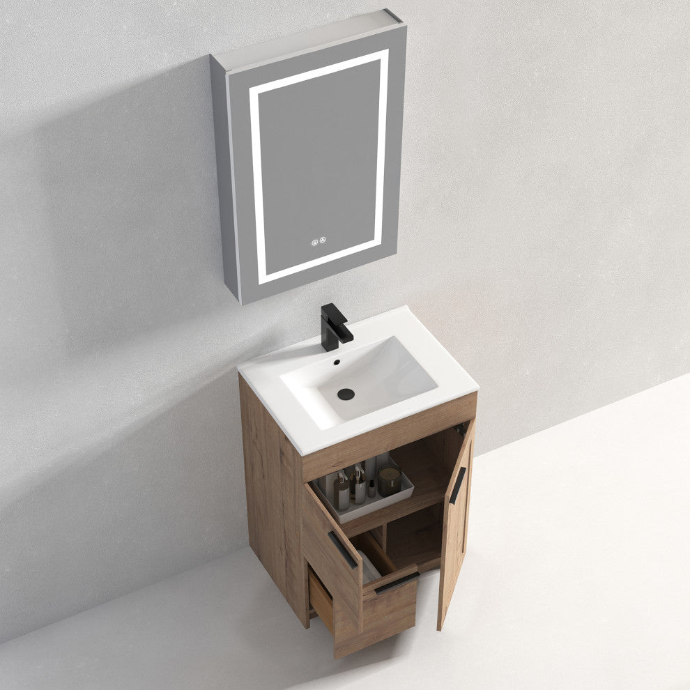 Freestanding Bathroom Vanity With Top Mount Sink, Classic Oak, 24'' Ceramic Sink