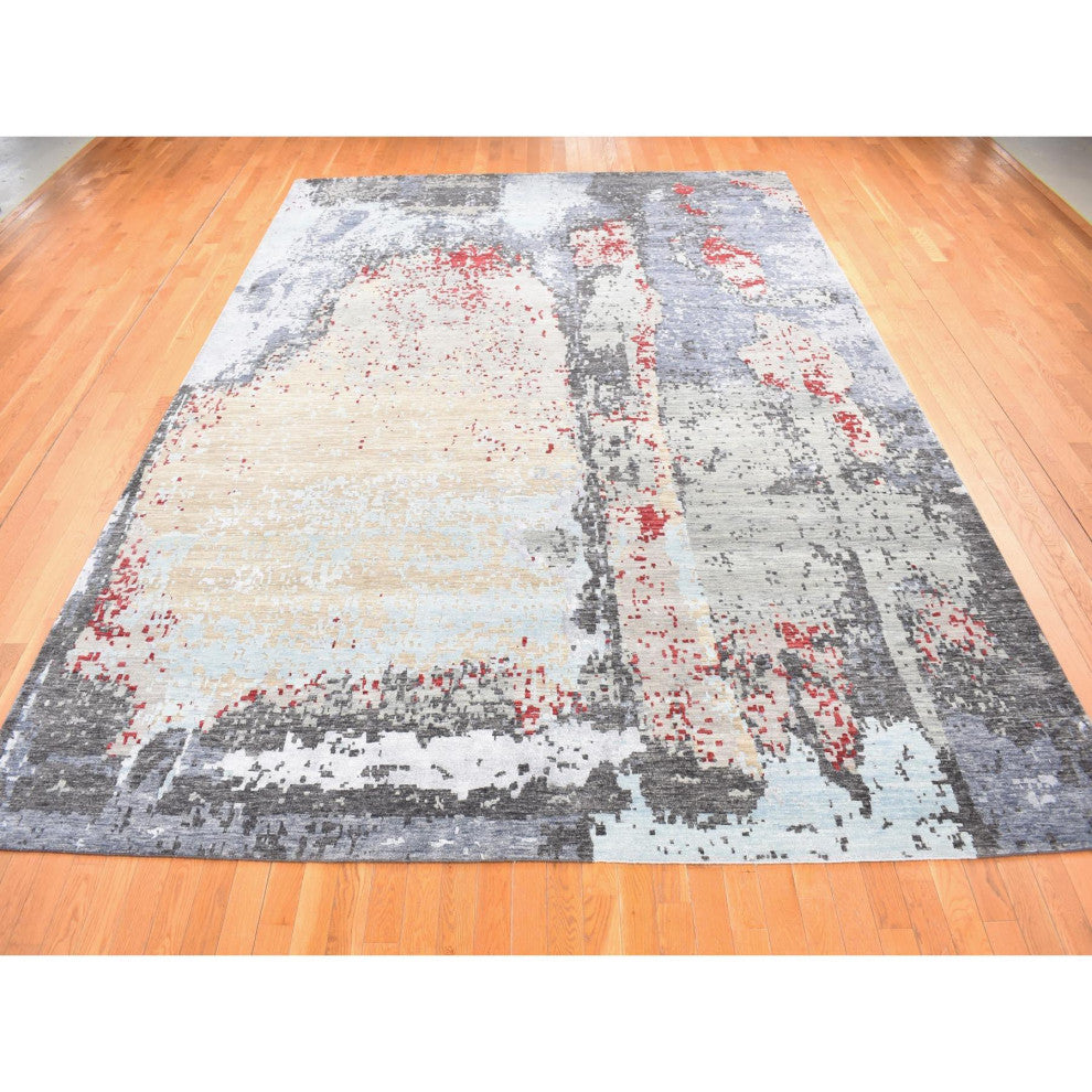 Platinum Gray Abstract Design Denser Weave Pure Wool Hand Knotted Rug 10'x14'2"