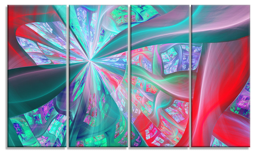 Red Blue Fractal Exotic Plant Stems, Abstract Canvas Print, 48"x28", 4 Panels