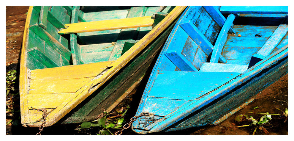 Wooden Boats on Lake Phewa, Large Boat Canvas Art Print, 60"x28"