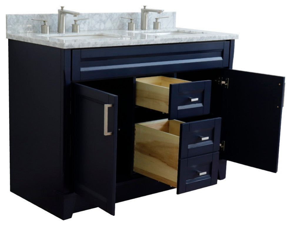 48" Double Sink Vanity, Blue Finish With White Carrara Marble