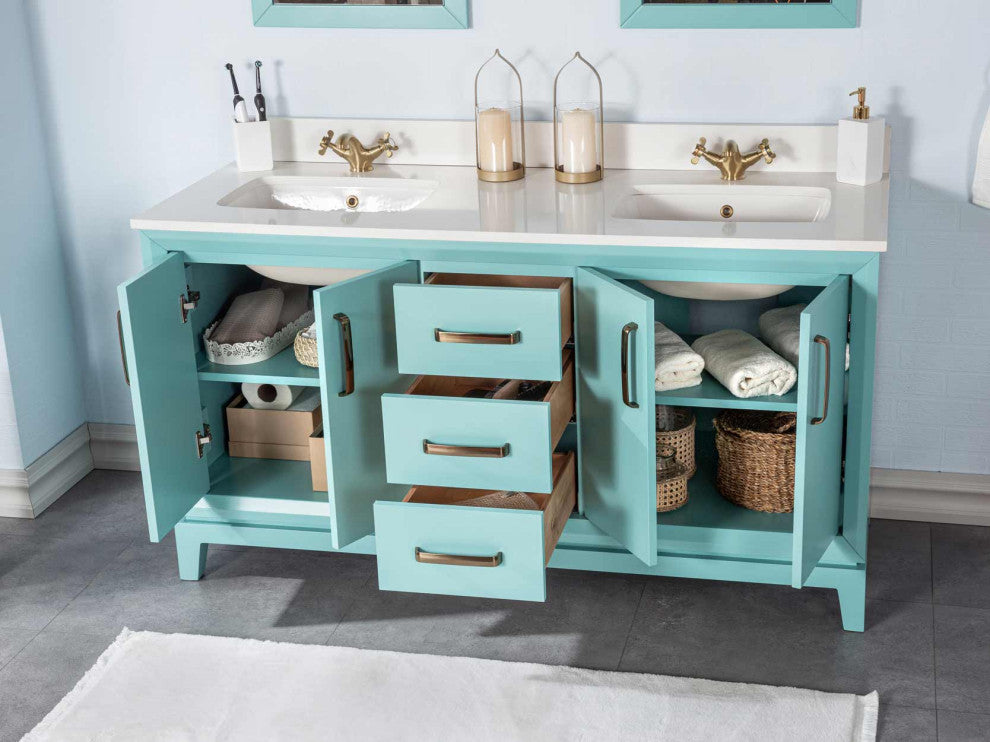 Fabia Collection 60" Bathroom Vanity With Sink, Mirror, Countertop, Turquoise
