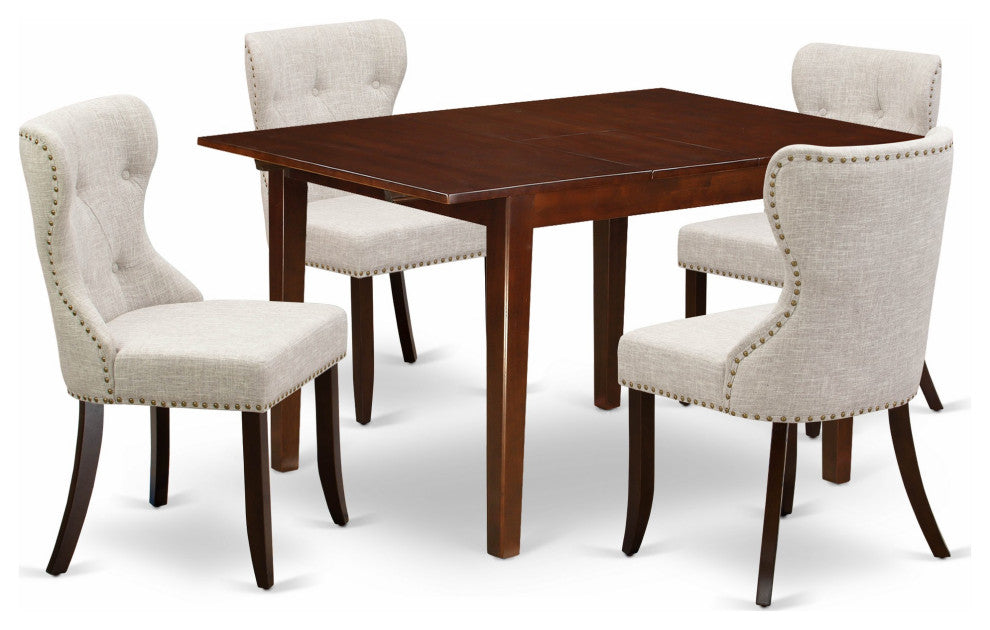 A Dining Set Of 4 Chairs, Doeskin Color, Mid-Century Table In Mahogany Finish