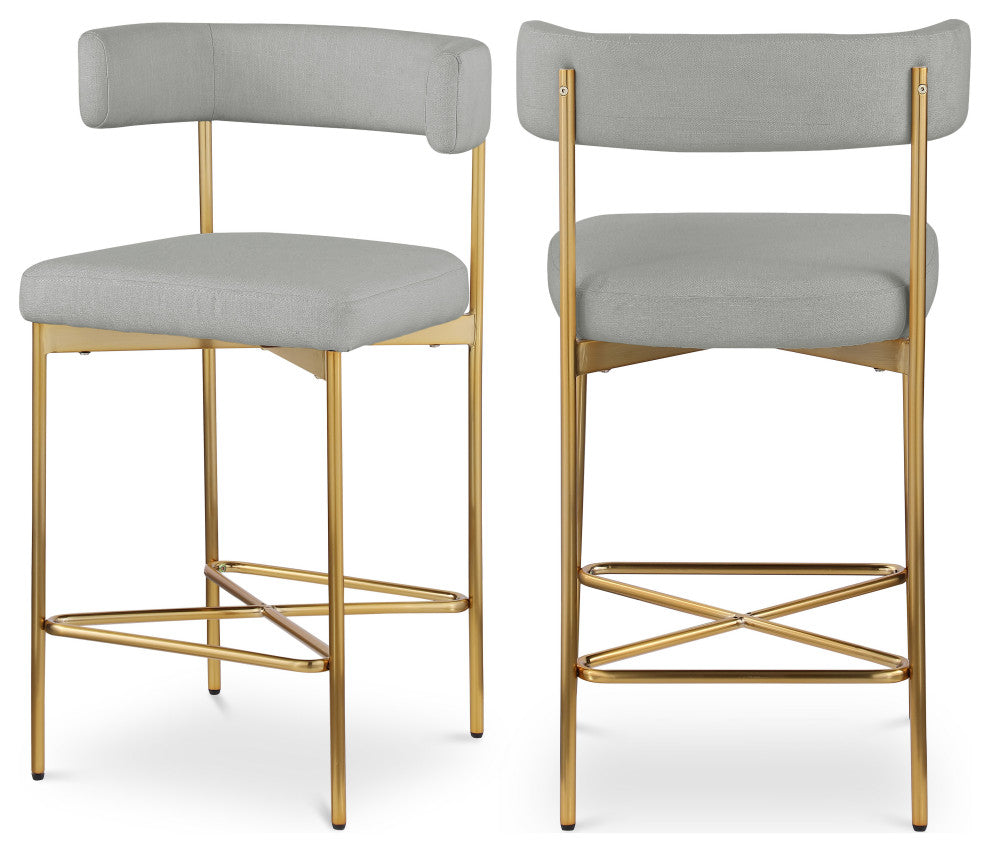 Rivage Durable Linen Textured Fabric Stool (Set of 2), Grey, Brushed Gold