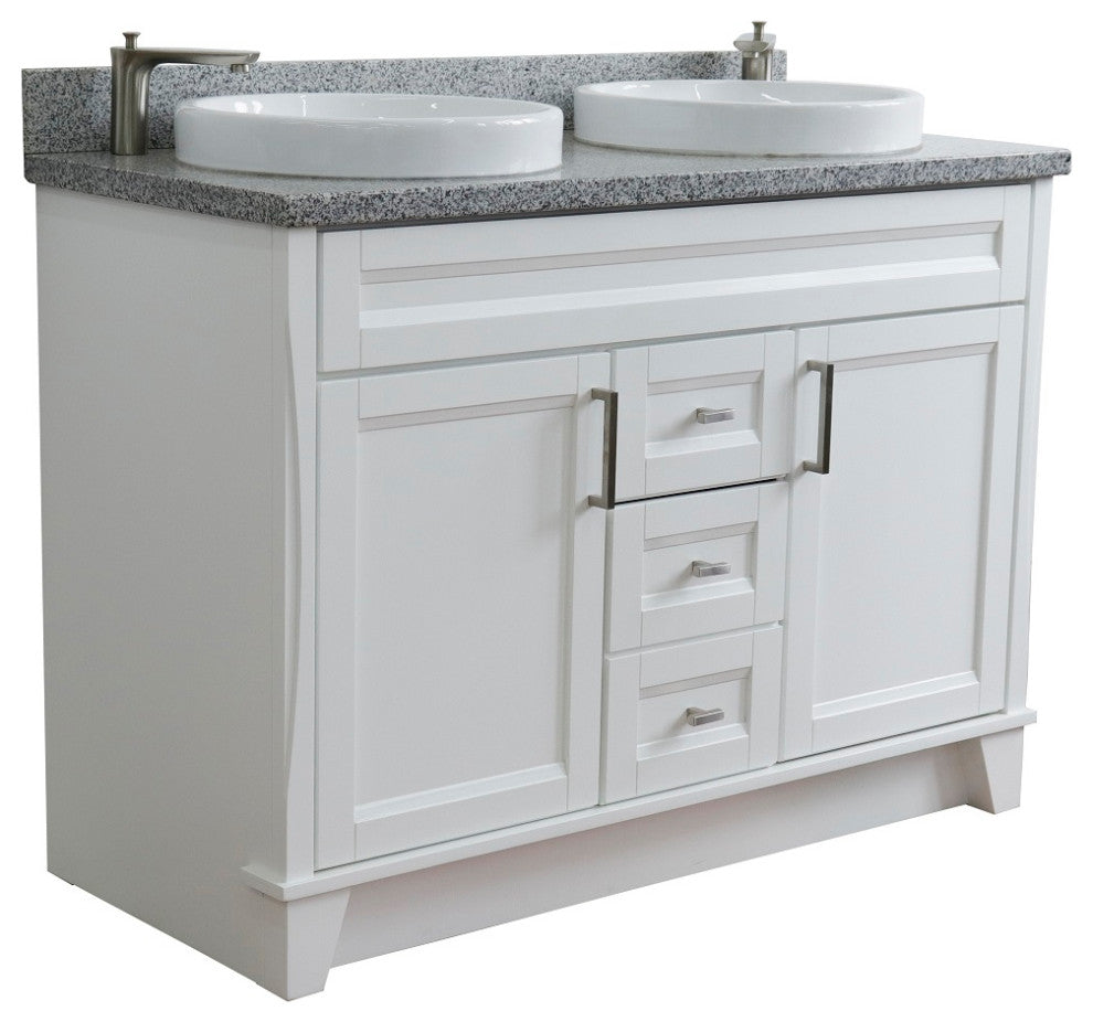48" Double Sink Vanity, White Finish With Gray Granite And Round Sink