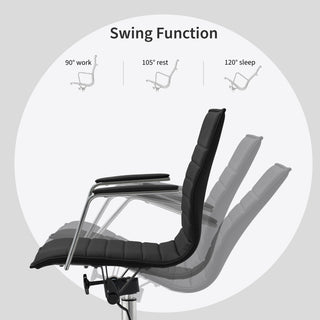 Modern Office Arm Chair With Wheels  Mid Back Ribbed PU Leather Adjustable, Black
