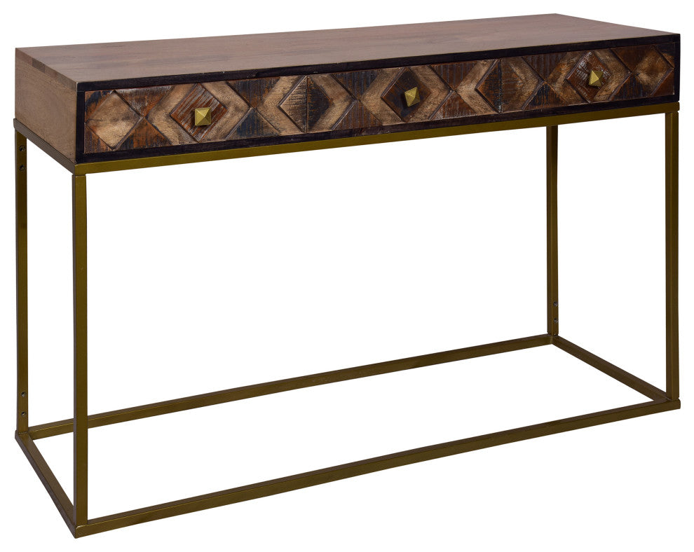 Benzara UPT-272552 Mango Wood Console Table, Metal Frame, Brown