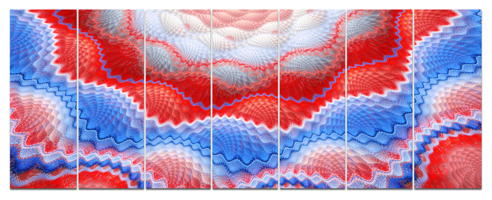 Red Blue Snake Skin Flower, Abstract Art on Canvas, 83"x32", 7 Panels
