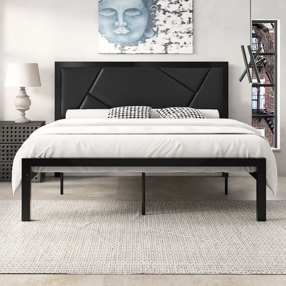 Modern Full Size Metal Bed Frame with Geometric Litchi Grain Leather Headboard