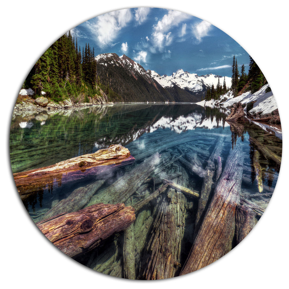Sunken Logs N Mountain Lake, Landscape Art Disc Metal Wall Art, 23"